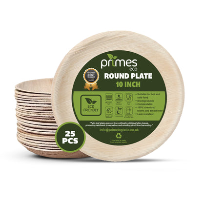 PRIMES ECO 10 Inch - Disposable Palm Leaf Large Round Plates, Eco Friendly Biodegradable Compostable Plates, Like Wooden Plates, Chemical free Plates, office Party Wedding Picnic Plates