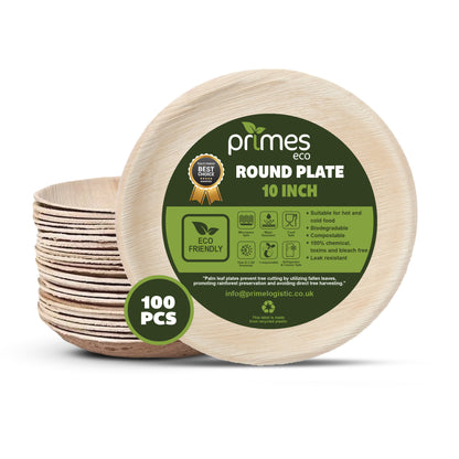 PRIMES ECO 10 Inch - Disposable Palm Leaf Large Round Plates, Eco Friendly Biodegradable Compostable Plates, Like Wooden Plates, Chemical free Plates, office Party Wedding Picnic Plates