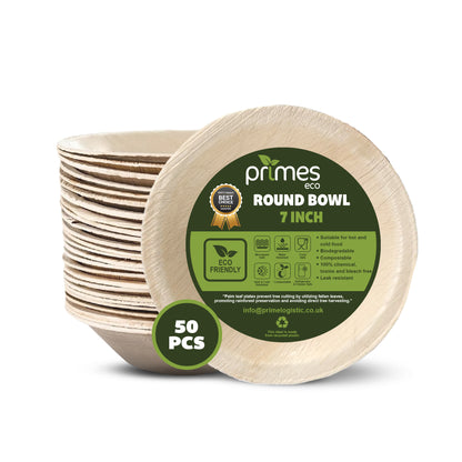 PRIMES ECO 7 Inch - Disposable Palm Leaf Round Bowls, Small Compostable Bowls, Soup Salad Bowl, Eco Friendly & Biodegradable Heavy-Duty Bowl for Wedding, Microwave & Oven Safe, Party, Picnic