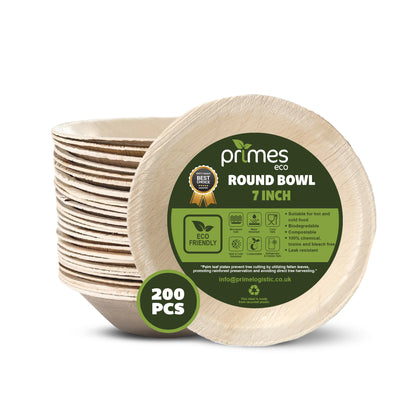 PRIMES ECO 7 Inch - Disposable Palm Leaf Round Bowls, Small Compostable Bowls, Soup Salad Bowl, Eco Friendly & Biodegradable Heavy-Duty Bowl for Wedding, Microwave & Oven Safe, Party, Picnic