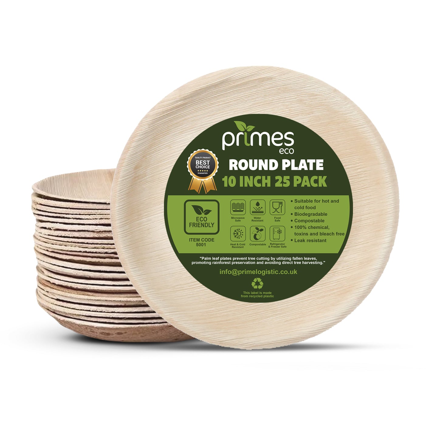 Primes Eco 10-inch round disposable palm leaf plates, with a visible stack of natural wood-grain plates. The front label highlights features such as eco-friendly, biodegradable, compostable, leak-resistant, and suitable for hot and cold foods. Package contains 25 plates.”