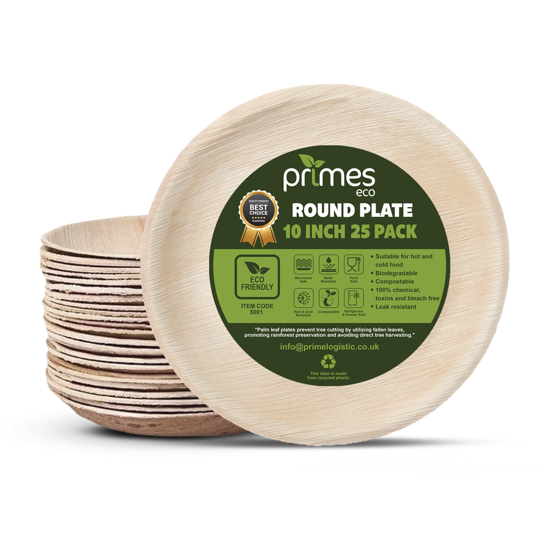 Primes Eco 10-inch round disposable palm leaf plates, with a visible stack of natural wood-grain plates. The front label highlights features such as eco-friendly, biodegradable, compostable, leak-resistant, and suitable for hot and cold foods. Package contains 25 plates.”