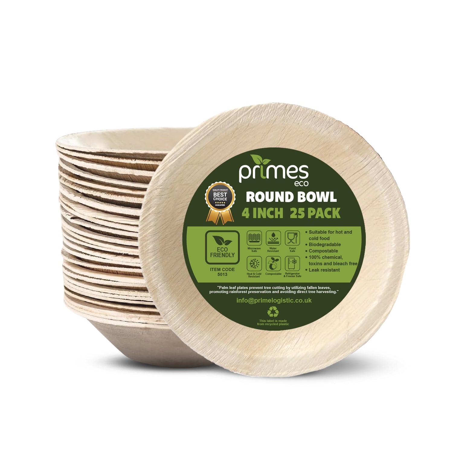 Primes Eco 4-inch round disposable palm leaf bowls, displayed with a stack of natural wood-grain bowls. The front label highlights features including eco-friendly, biodegradable, compostable, leak-resistant, and suitable for hot and cold foods. Package contains 25 bowls.”